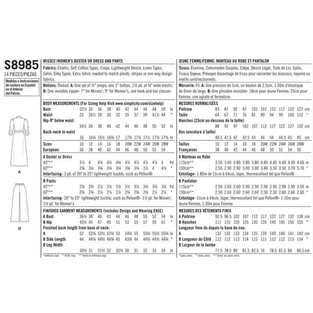 Simplicity Sewing Pattern‎ 8985 R11380 MIMI G Duster Dress Pants Size 20W-28W